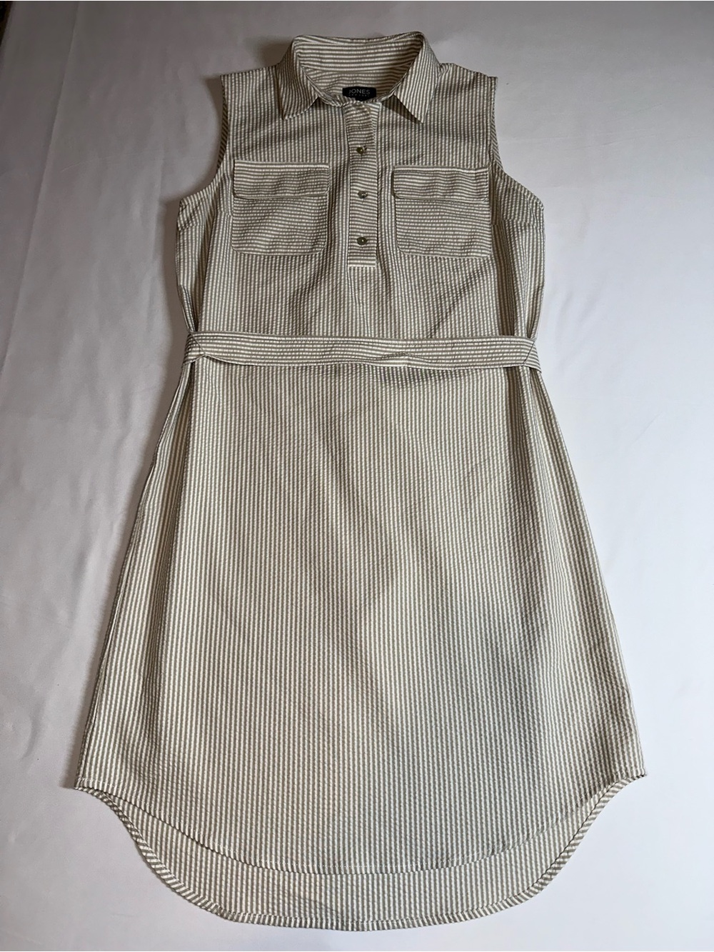 Jones New York Cream and Brown Striped Seersucker Belted Sleeveless Shirt Dress